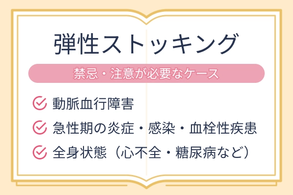 弾性ストッキングの禁忌・注意が必要なケースをまとめた図