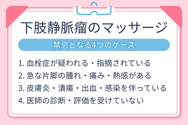 下肢静脈瘤のマッサージが禁忌となる4つのケース（深部静脈血栓症・急な片脚の腫れや痛み・皮膚トラブル・未診断）の一覧